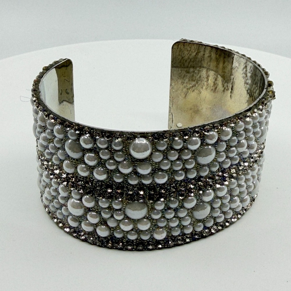 Statement Silver Tone Faux Pearl & Rhinestone Cuff Bracelet Glam Jewelry